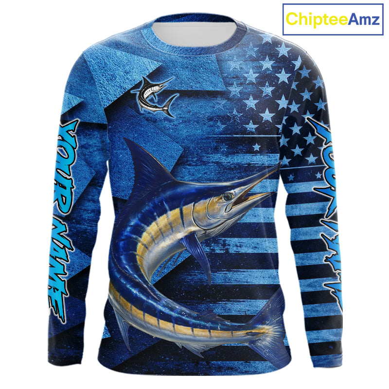 Marlin Fishing Shirts Long Sleeve With American Flag, Personalized Marlin Fishing Gift For Father Days NHT683