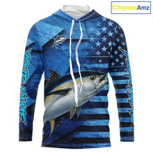 Load image into Gallery viewer, Tuna Hooded Fishing Shirts Long Sleeve With American Flag, Personalized Tuna Fishing Gift For Father Days NHT684