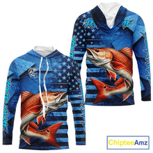 Load image into Gallery viewer, Redfish Hooded Fishing Shirts Long Sleeve With American Flag, Personalized Redfish Fishing Gift For Father Days NHT685