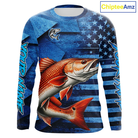 Redfish Fishing Shirts Long Sleeve With American Flag, Personalized Redfish Fishing Gift For Father Days NHT685