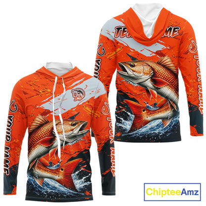 Custom Redfish Fishing Tournament Jerseys, Red Drum Orange Hooded Fishing Shirts Long Sleeve  NHT572