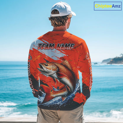 Custom Redfish Fishing Tournament Jerseys, Red Drum Orange Fishing Shirts Long Sleeve  NHT572