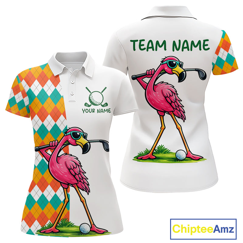 Funny Flamingo Womens Golf Polo Shirts Colorful Argyle Pattern Custom Name, Golf Gifts NBT562