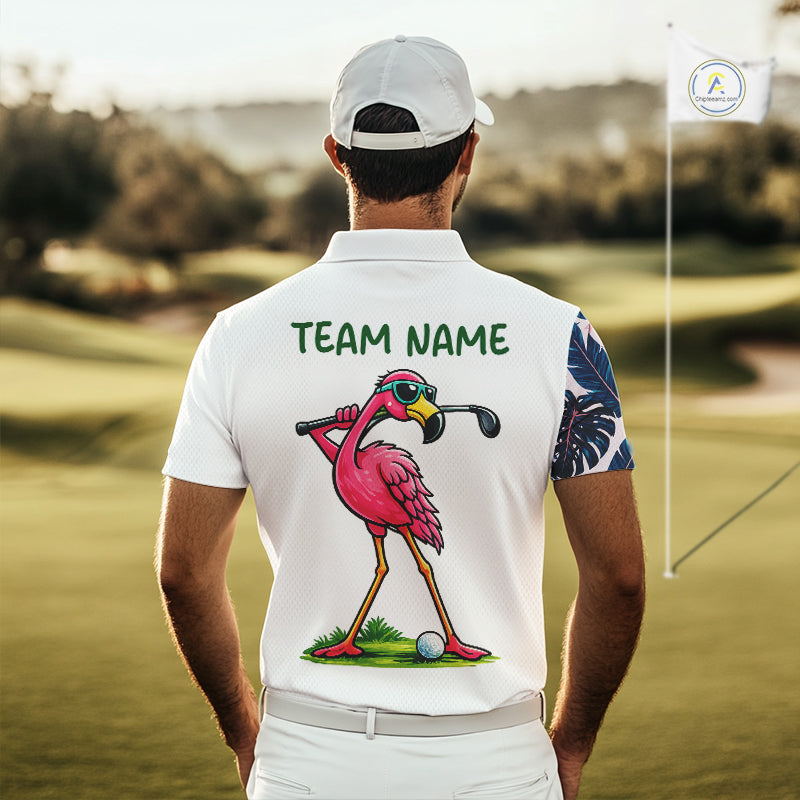 Funny Flamingo Mens Golf Polo Shirts Blue Tropical Flamingo Custom Name, Golf Gifts NBT563