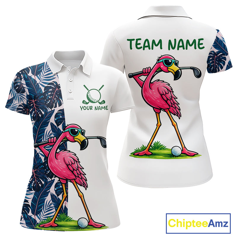 Funny Flamingo Womens Golf Polo Shirts Blue Tropical Flamingo Custom Name, Golf Gifts NBT563