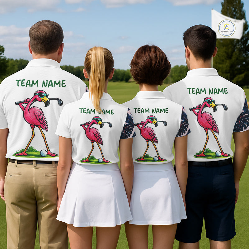 Funny Flamingo Mens Golf Polo Shirts Blue Tropical Flamingo Custom Name, Golf Gifts NBT563