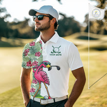 Load image into Gallery viewer, Funny Flamingo Mens Golf Polo Shirts Floral Tropical Leaf Flamingo Custom Name, Golf Gifts NBT564