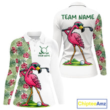 Load image into Gallery viewer, Funny Flamingo Womens Golf Polo Shirts Floral Tropical Leaf Flamingo Custom Name, Golf Gifts NBT564