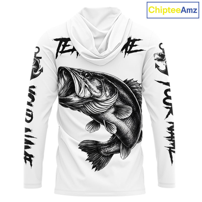 White Bass Fishing Tattoo Custom Fishing Shirts with Hood, Bass Fishing Shirts Long Sleeve NBT451