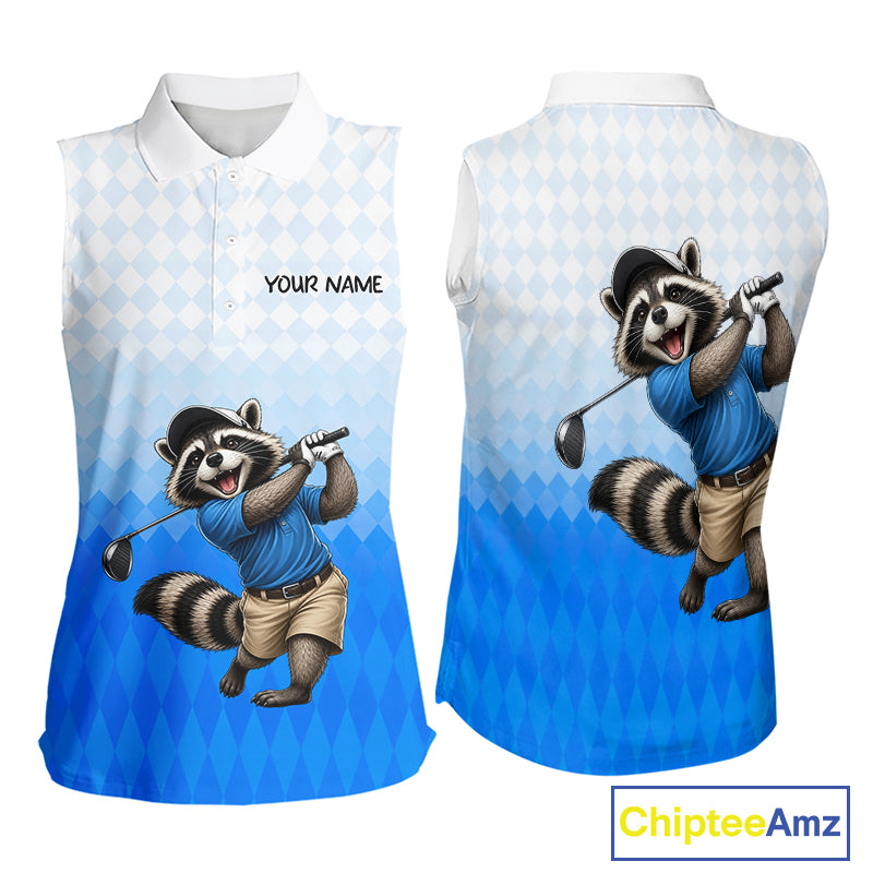 Funny Raccoon Sleeveless Golf Polo Shirt Personalized Name Custom Golf Shirt Golfer Gift For Womens NBT887