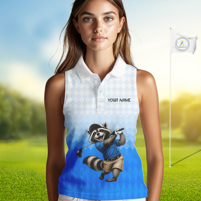 Funny Raccoon Sleeveless Golf Polo Shirt Personalized Name Custom Golf Shirt Golfer Gift For Womens NBT887
