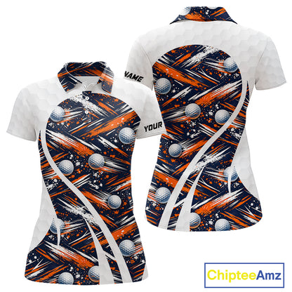 Womens Golf Polo Shirts Custom Black And Orange Golf Ball Pattern Golf Attire For Ladies, Golfer Gifts NBT573