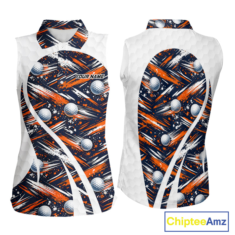 Womens Sleeveless Golf Polo Shirts Custom Black And Orange Golf Ball Pattern Golf Attire For Ladies, Golfer Gifts NBT573
