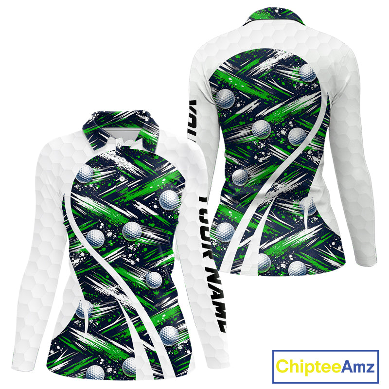 Womens Golf Polo Shirts Custom Black And Green Golf Ball Pattern Golf Attire For Ladies, Golfer Gifts NBT574
