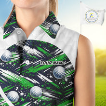 Load image into Gallery viewer, Womens Sleeveless Golf Polo Shirts Custom Black And Green Golf Ball Pattern Golf Attire For Ladies, Golfer Gifts NBT574
