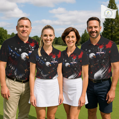 Four people wearing matching polo shirts with American flag eagle designs on a golf course.