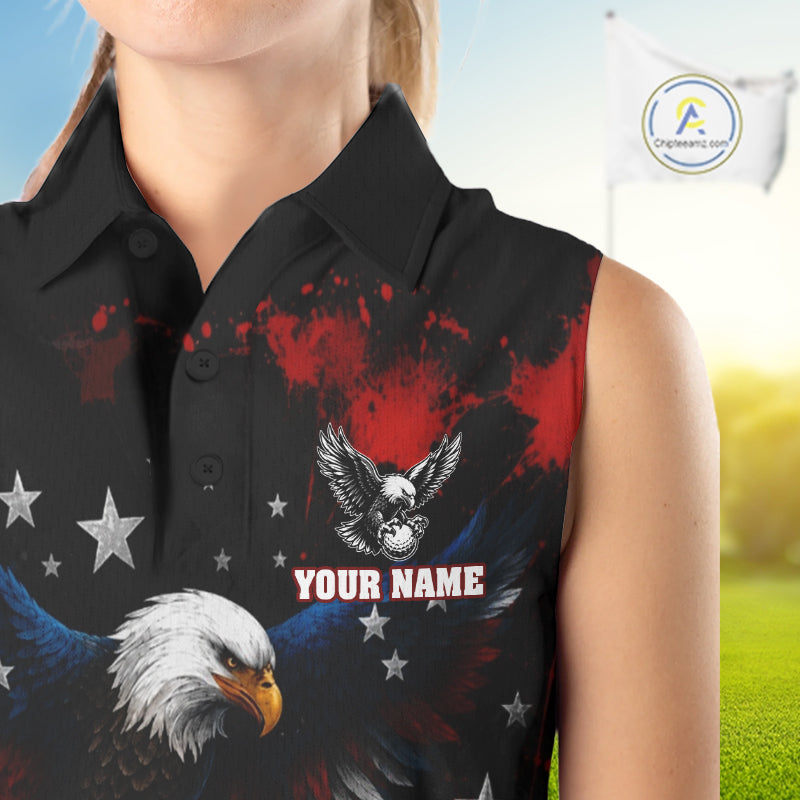 Red, White And Blue American Flag Eagle Womens Sleeveless Golf Polo Shirts Custom Patriotic Tournament Golf Team Shirts NBT809