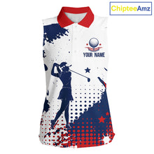 Load image into Gallery viewer, Womens Sleeveless Golf Polo Shirt American Flag Patriotic Custom Name White Golf Shirt, Golf Gift NBT812