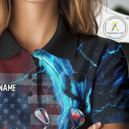 Close-up of American flag graphic on womens black golf polo shirt