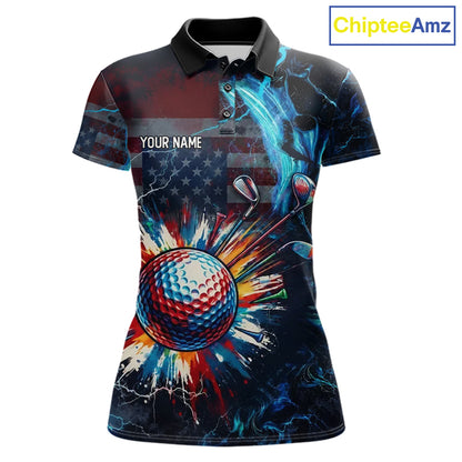 Front view of American Flag womens golf polo shirt custom name black