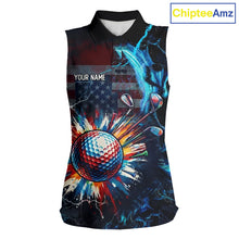 Load image into Gallery viewer, Sleeveless women golf polo black with American Flag patriotic design - front view custom name
