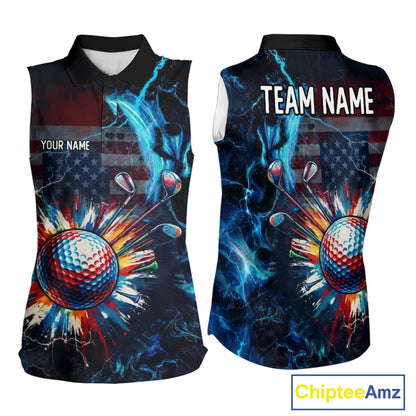 Sleeveless women golf polo black with American Flag patriotic design - front view custom name and backview custom team name