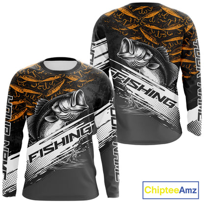 Personalized Bass Fishing Hood Long Sleeve UV Protection Custom Black & Yellow Shirts, Bass Tournament Jerseys NBT359