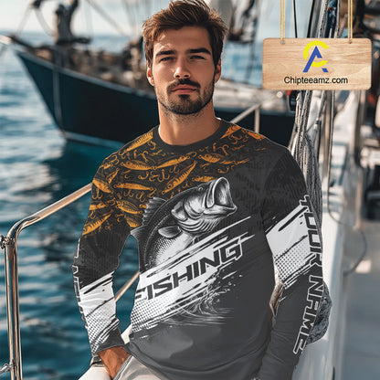 Personalized Bass Fishing Hood Long Sleeve UV Protection Custom Black & Yellow Shirts, Bass Tournament Jerseys NBT359