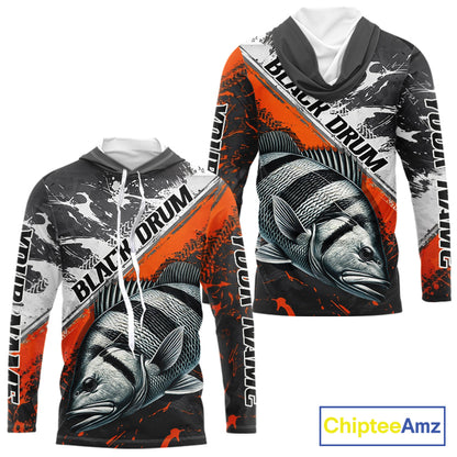 Custom Orange Camo Black Drum Jerseys For Fishing Team Long Sleeve Hooded Fishing Shirts NBT457