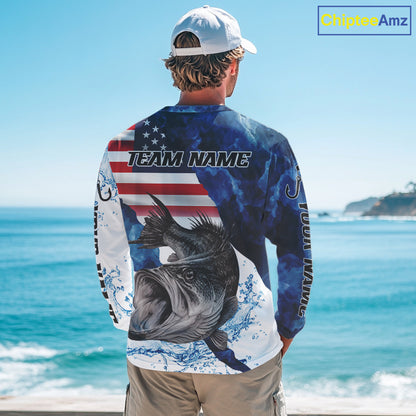 Blue Camo Bass Fishing American Flag Fishing Shirt, Bass Fishing Shirts Long Sleeve NBT458