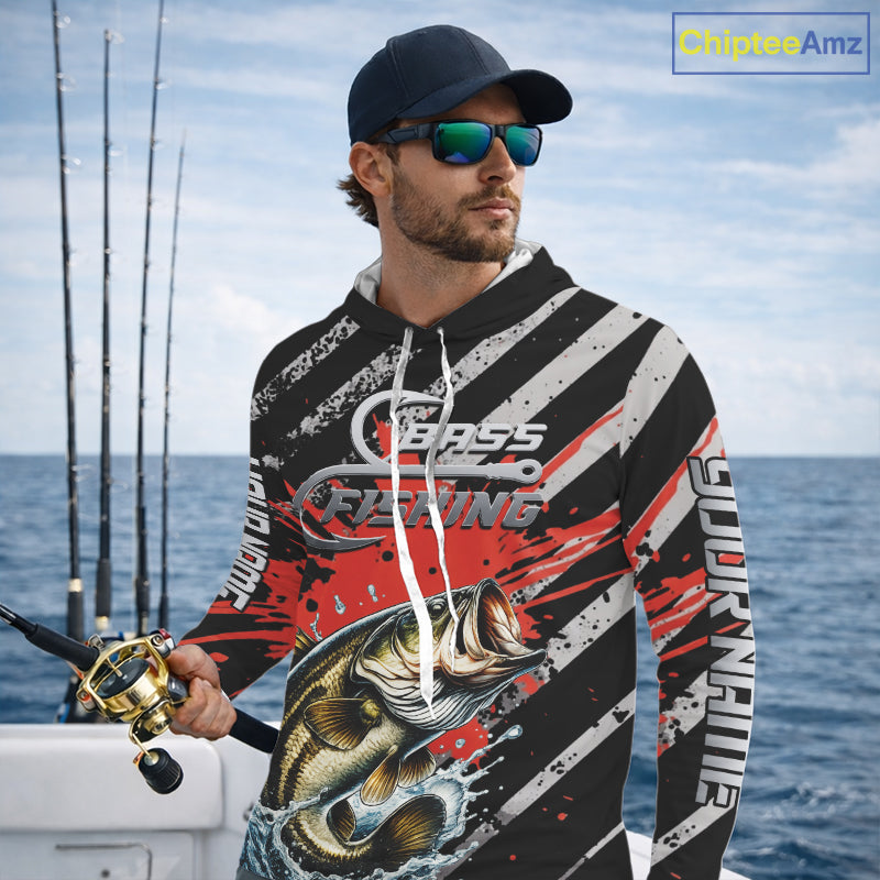 Custom Largemouth Bass Long Sleeve Hooded Tournament Fishing Shirts, Largemouth Fishing Jerseys NBT712