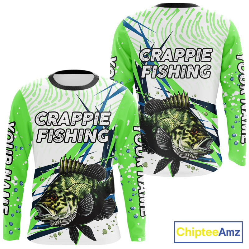 Custom Crappie Long Sleeve Fishing Shirts Green Custom Name, Tournament Fishing Shirts NBT364