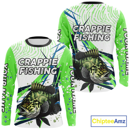 Custom Crappie Long Sleeve Fishing Shirts Green Custom Name, Tournament Fishing Shirts NBT364