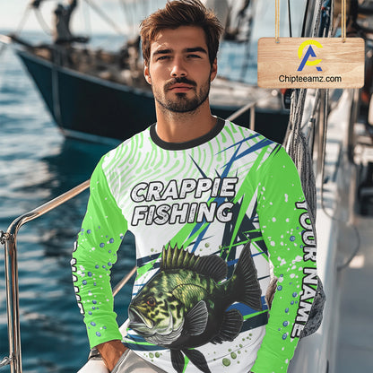 Custom Crappie Long Sleeve Fishing Shirts Green Custom Name, Tournament Fishing Shirts NBT364