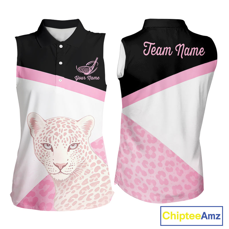 Leopard Womens Sleeveless Golf Polo Shirt Custom Pink Leopard Pattern Team Golf Tops, Golf Gifts NBT588