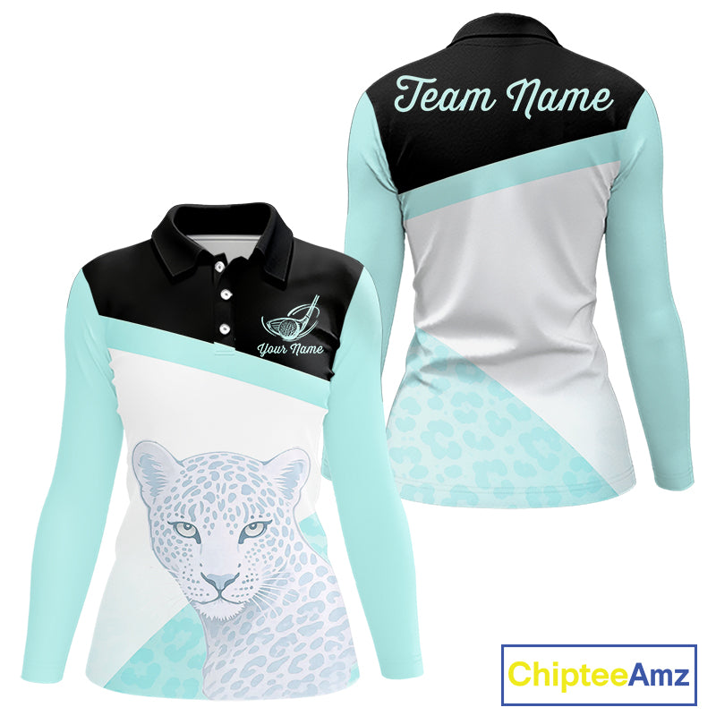 Leopard Womens Golf Polo Shirt Custom Teal Leopard Pattern Team Golf Tops, Golf Gifts NBT590