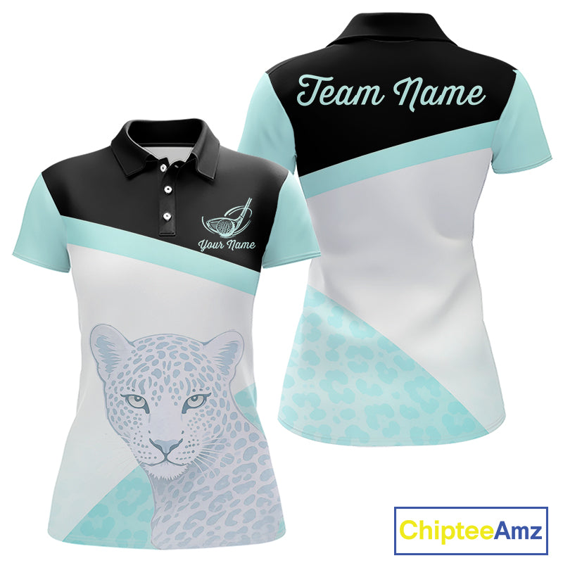 Leopard Womens Golf Polo Shirt Custom Teal Leopard Pattern Team Golf Tops, Golf Gifts NBT590