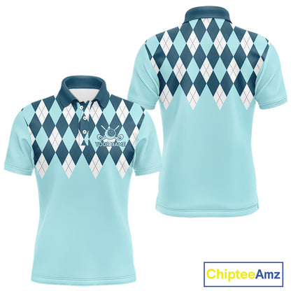 Blue Argyle Plaid Pattern Mens Golf Polo Shirt Custom Golf Polo Shirt For Men, Golfing Gifts NBT593