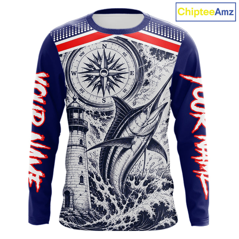 Front view of personalized Marlin blue long sleeve performance fishing shirt with compass design