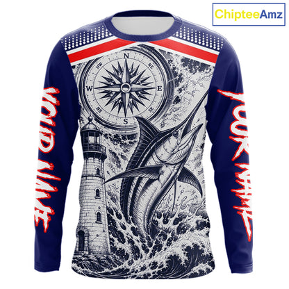 Front view of personalized Marlin blue long sleeve performance fishing shirt with compass design