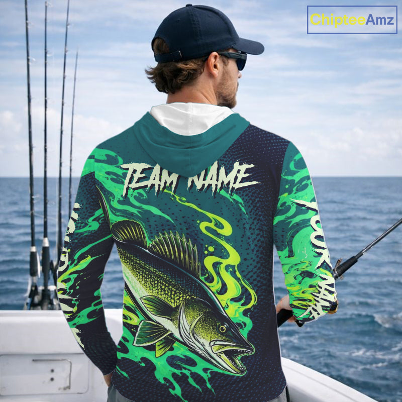 Angler wearing custom Walleye fishing green camo long sleeve hooded shirt on the boat - back view with team name on the back