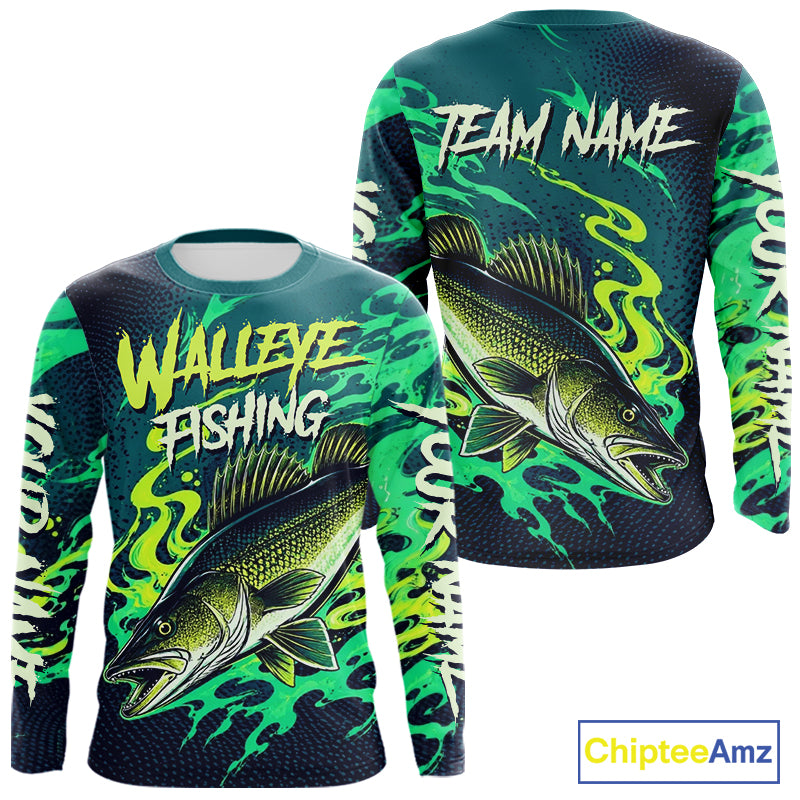 Font and back view of custom Walleye fishing green camo long sleeve fishing jersey for teams