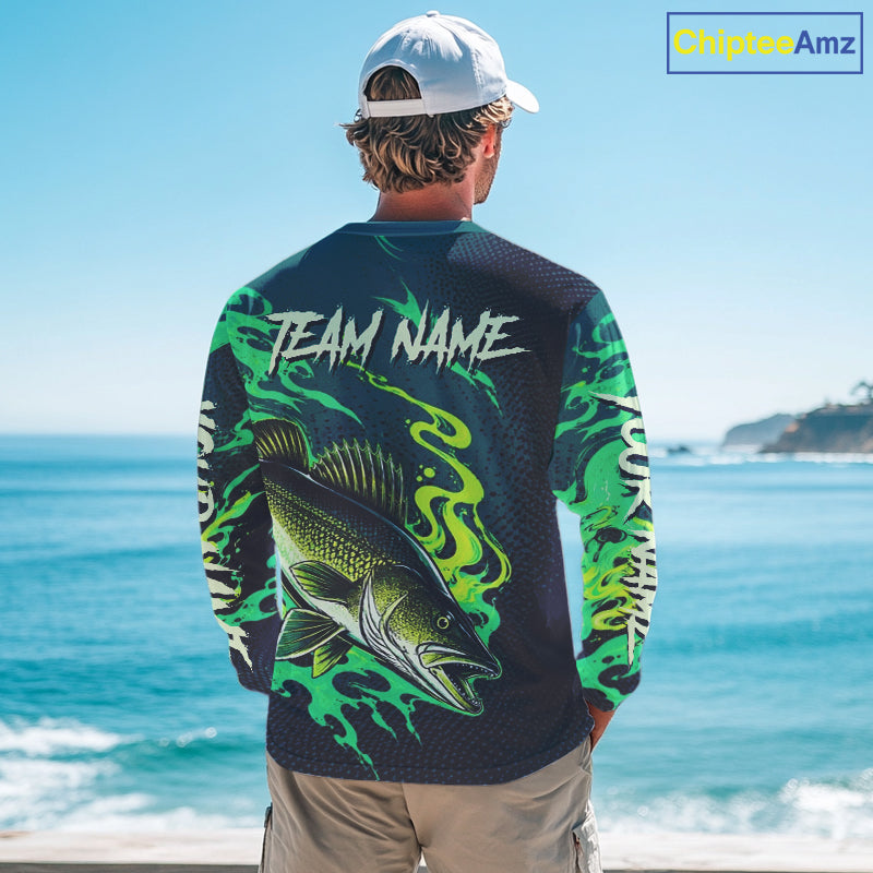 Angler wearing custom Walleye fishing green camo long sleeve shirt on the boat - back view with team name on the back