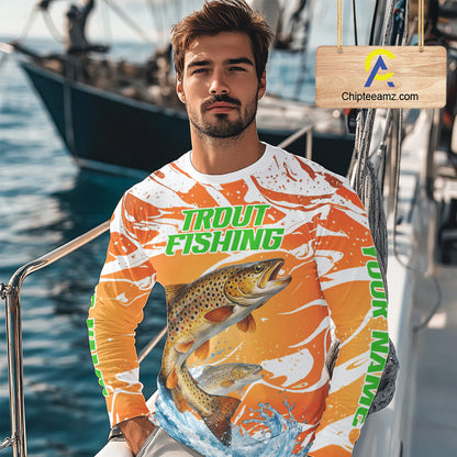 Big Brown Trout Fishing Shirts Long Sleeve Orange Camo Custom Name, Tournament Fishing Jerseys NBT410