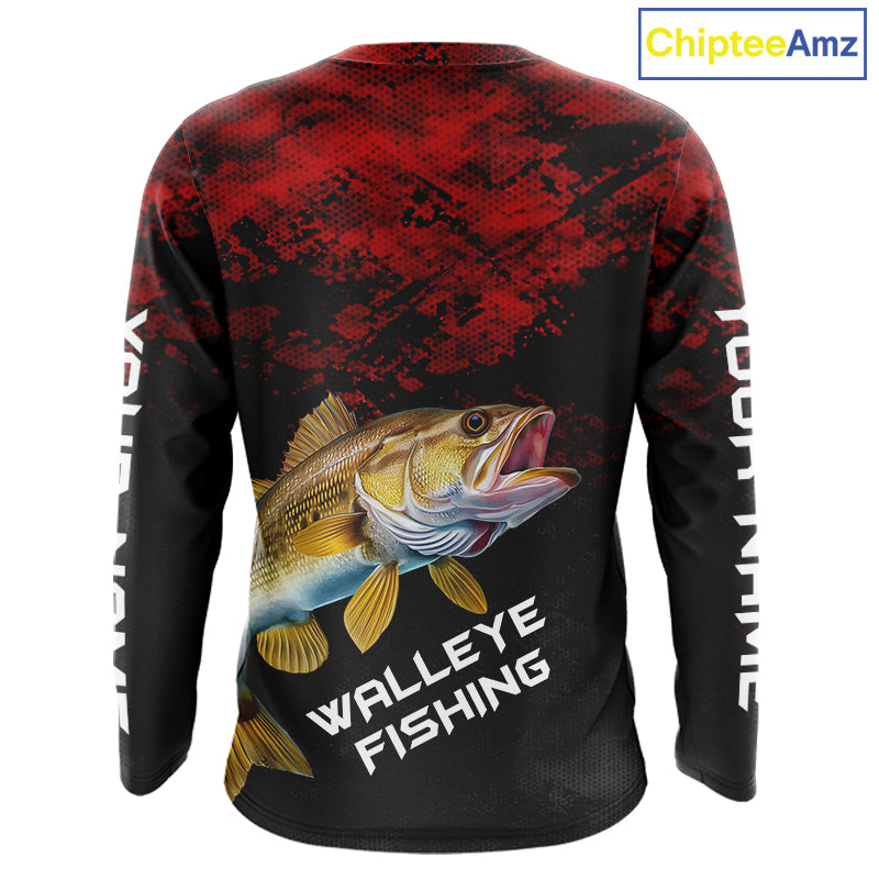 Personalized Walleye Long Sleeve Fishing Shirts Red Camo Custom Name Walleye Fishing Shirts NBT371