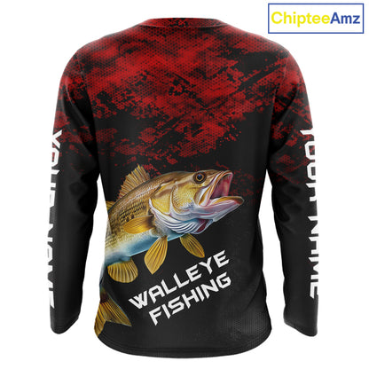 Personalized Walleye Long Sleeve Fishing Shirts Red Camo Custom Name Walleye Fishing Shirts NBT371