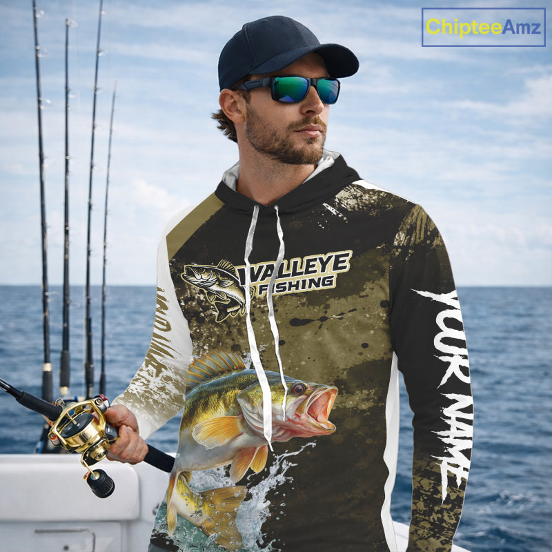 Green Camo Custom Walleye Fishing Shirt Long Sleeve Hooded, Walleye Fishing Jerseys NBT413