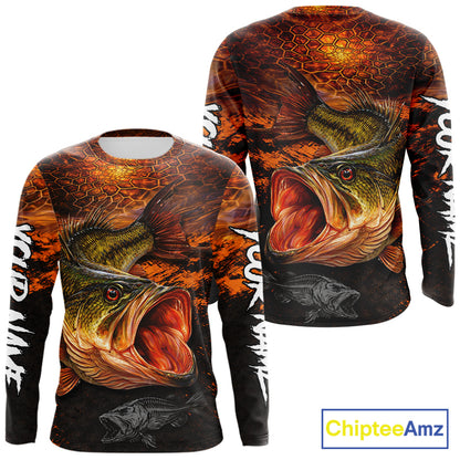 Personalized Big Bass Fishing Jerseys Orange Camo, Bass Fishing Shirts Long Sleeve NBT416
