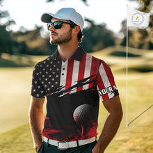 Load image into Gallery viewer, Man wearing American Flag Patriotic Golf Polo Shirt on golf course, red white American flag design, tailored fit breathable polyester, custom name shirt
