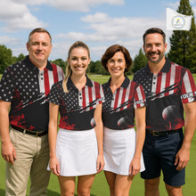 Load image into Gallery viewer, American Flag Patriotic Mens Golf Polo Shirt for team golf group - multiple golfers wearing red white Amẻican flag Polo shirts, custom name available